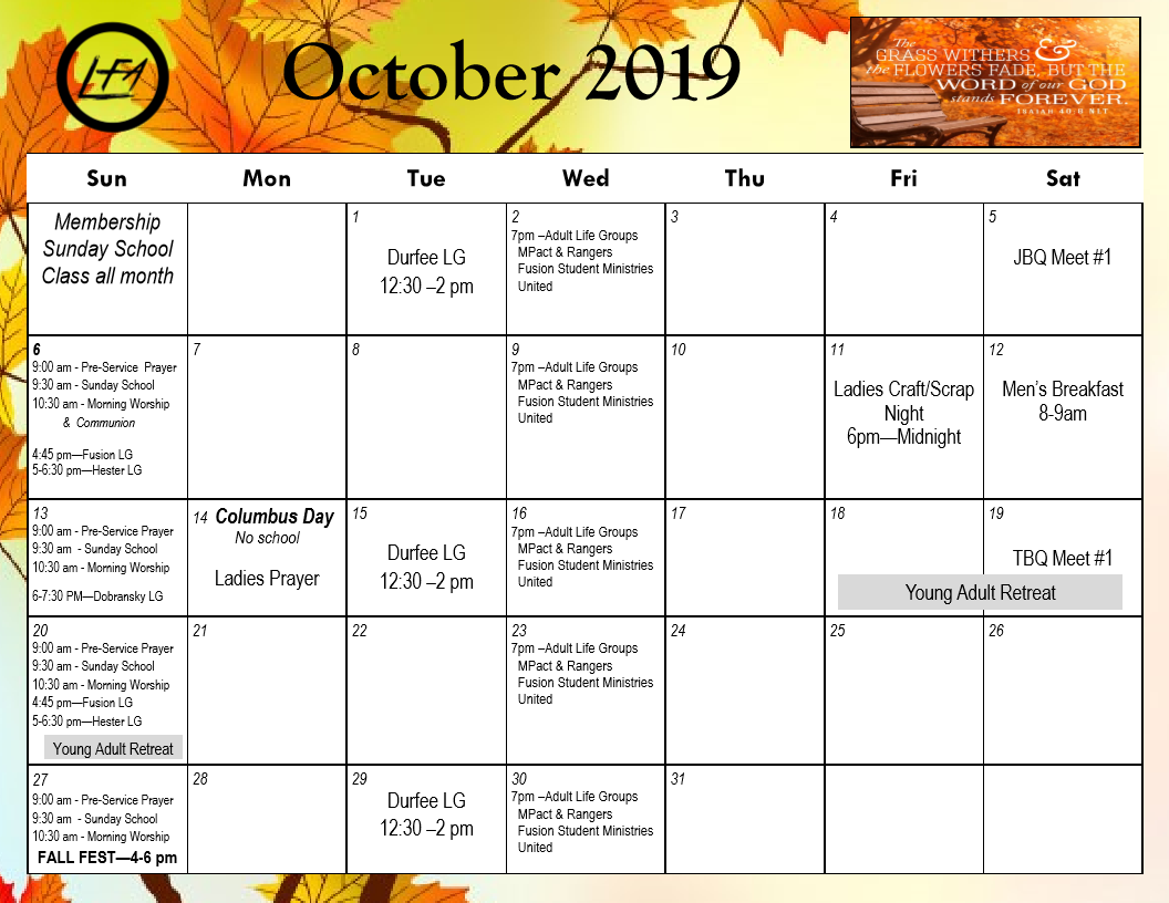 Church Calendar First Assembly of God